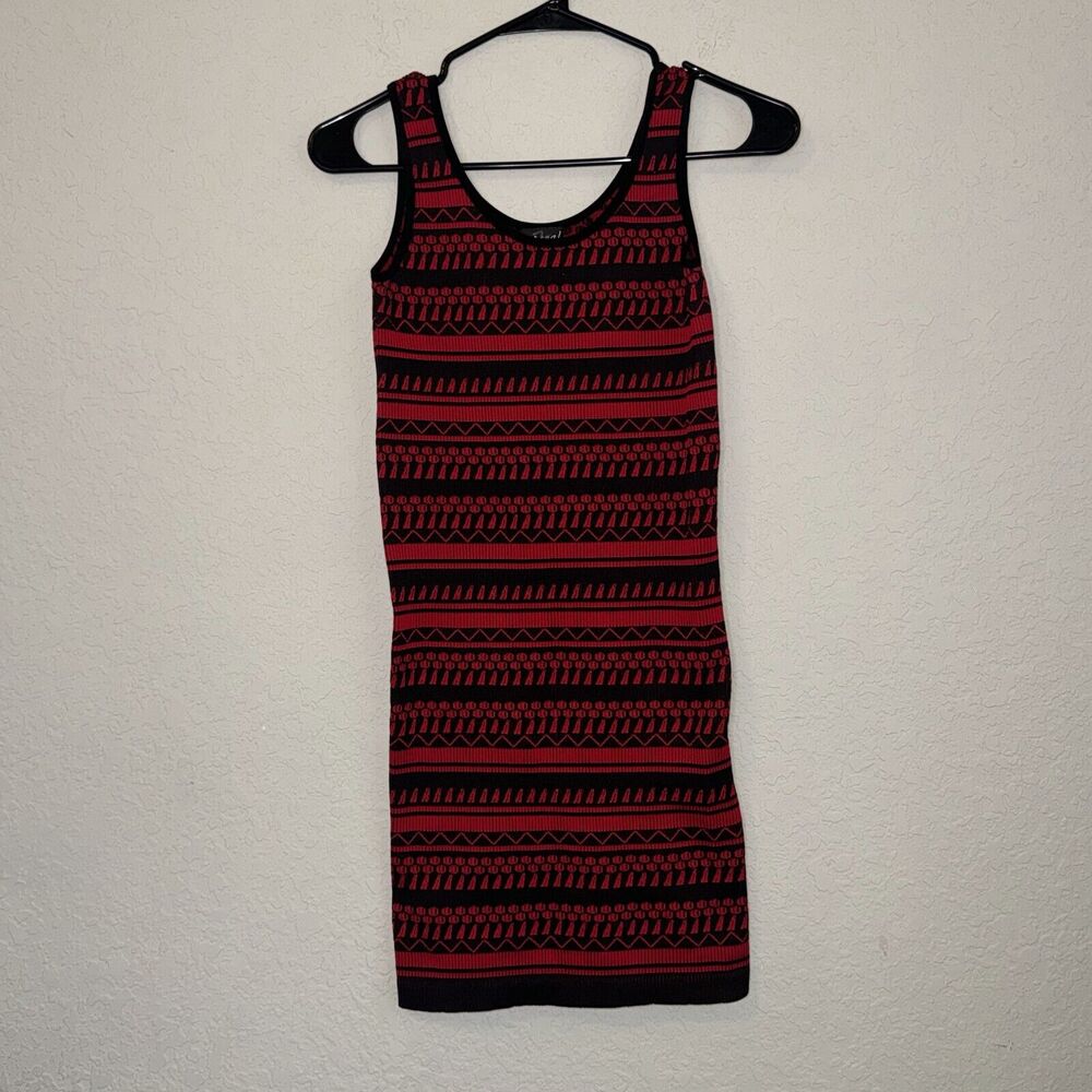 Y2K Wet Seal Tank Dress Womens Medium Red Black‎ Printed Stretch Round Neck